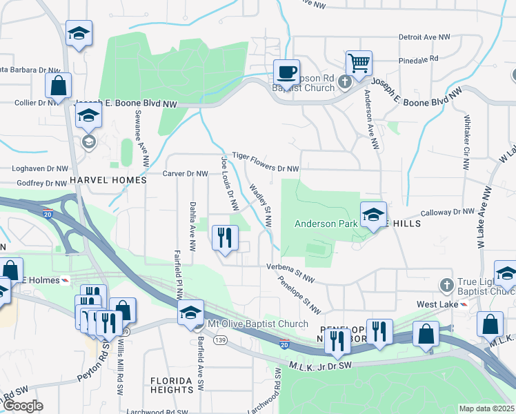 map of restaurants, bars, coffee shops, grocery stores, and more near 196 Wadley Street Northwest in Atlanta