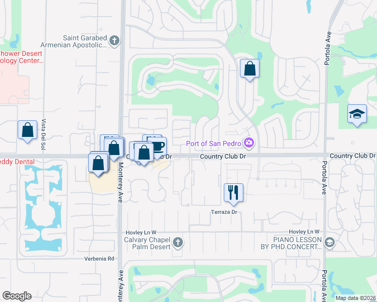 map of restaurants, bars, coffee shops, grocery stores, and more near 6324 Via Stasera in Palm Desert