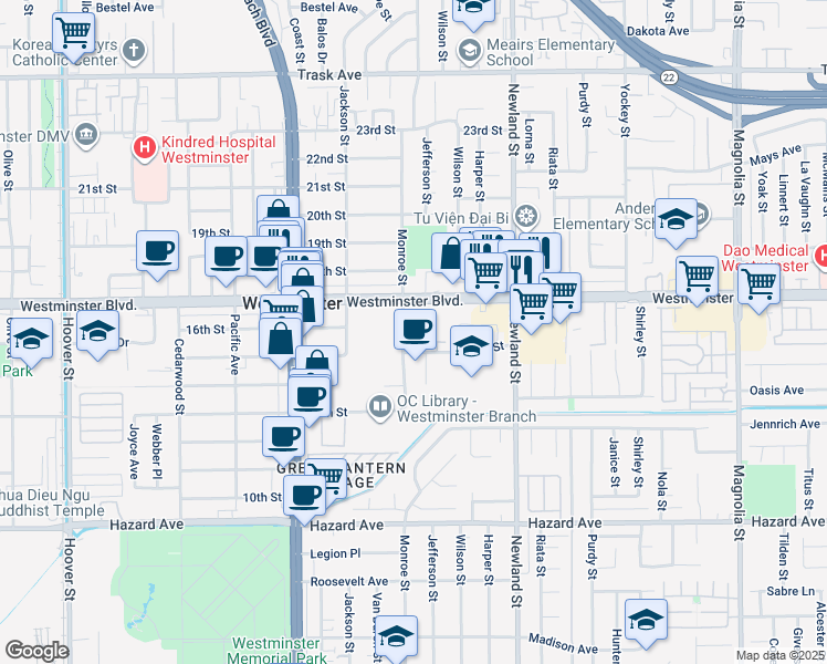 map of restaurants, bars, coffee shops, grocery stores, and more near 8202 Westminster Boulevard in Westminster