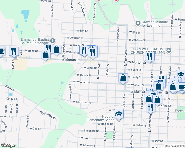 map of restaurants, bars, coffee shops, grocery stores, and more near 1423 West Gandy Street in Denison
