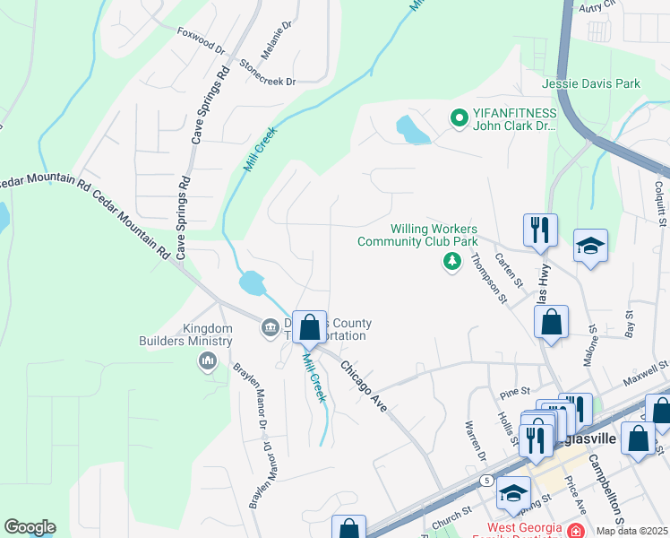 map of restaurants, bars, coffee shops, grocery stores, and more near 8132 Brookbend Drive in Douglasville