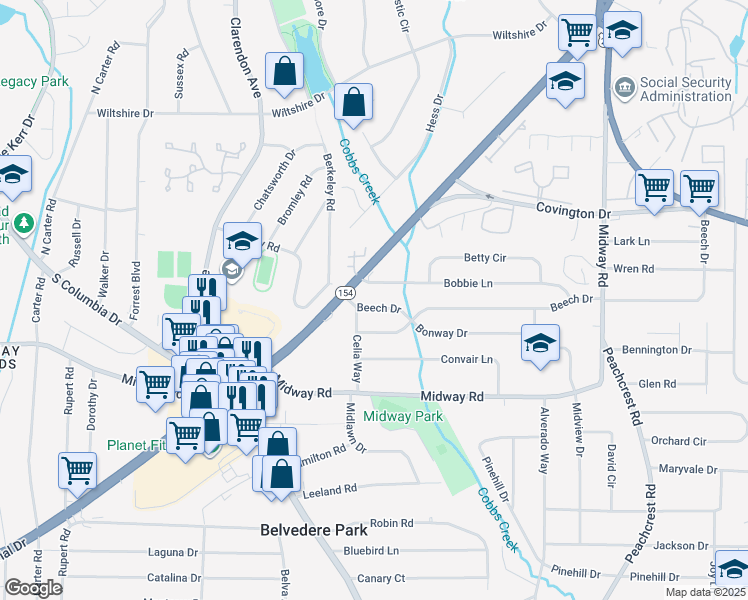 map of restaurants, bars, coffee shops, grocery stores, and more near 3144 Bobbie Lane in Decatur