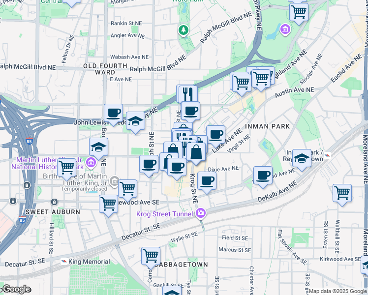 map of restaurants, bars, coffee shops, grocery stores, and more near 151 Sampson Street Northeast in Atlanta