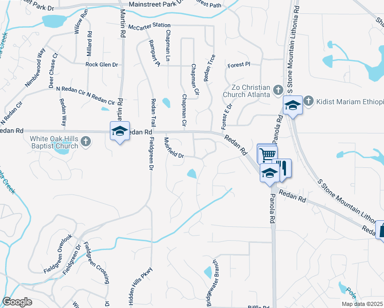 map of restaurants, bars, coffee shops, grocery stores, and more near 1199 Perry Way in Stone Mountain