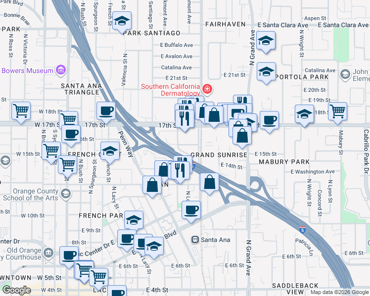 map of restaurants, bars, coffee shops, grocery stores, and more near 1609 North Fairmont Street in Santa Ana