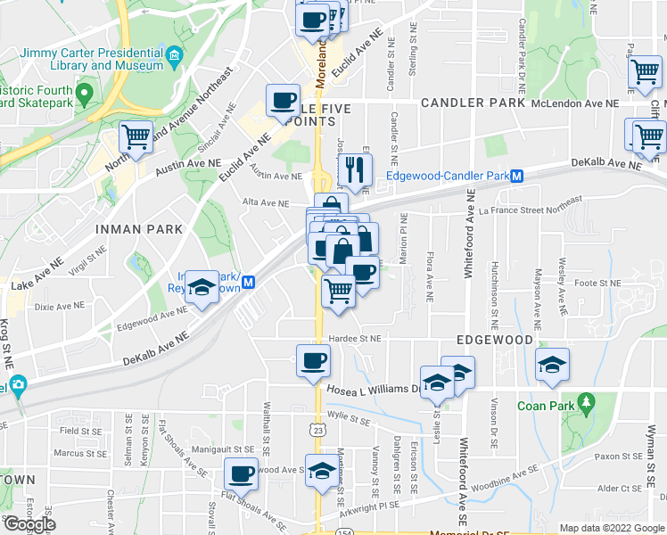 map of restaurants, bars, coffee shops, grocery stores, and more near 1250 Caroline Street Northeast in Atlanta