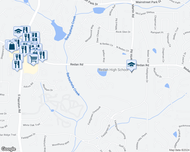 map of restaurants, bars, coffee shops, grocery stores, and more near 1231 Mill Lake Circle in Stone Mountain