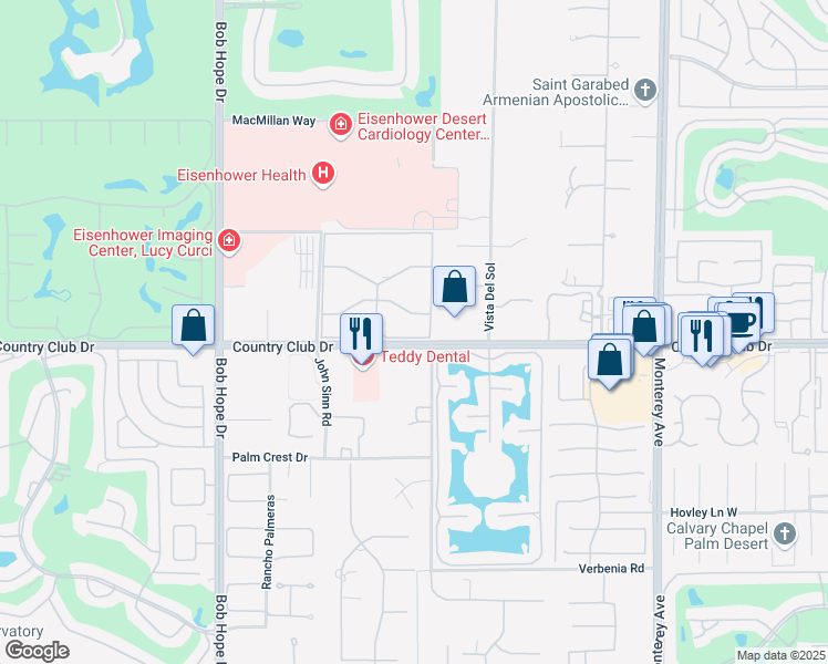 map of restaurants, bars, coffee shops, grocery stores, and more near 72462 Doheney Drive in Rancho Mirage