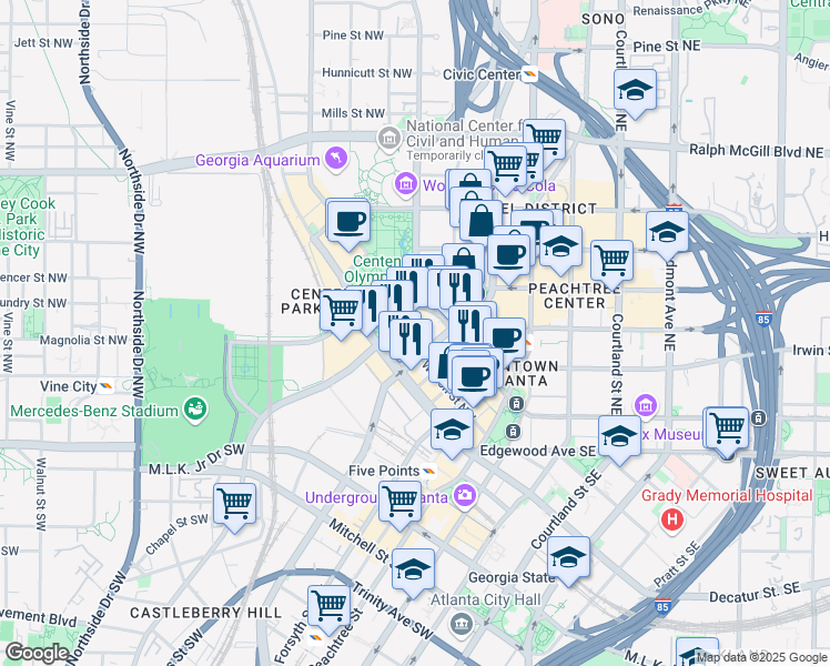 map of restaurants, bars, coffee shops, grocery stores, and more near 152 Luckie Street Northwest in Atlanta