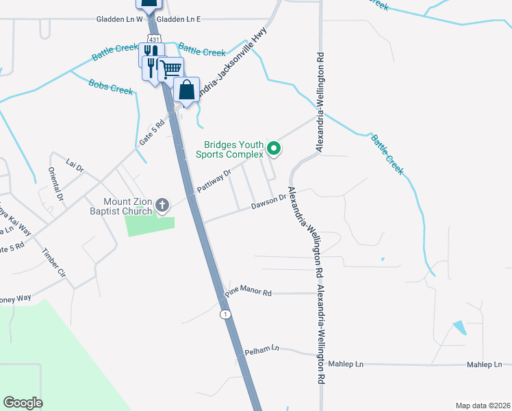 map of restaurants, bars, coffee shops, grocery stores, and more near 206 Dawson Drive in Alexandria