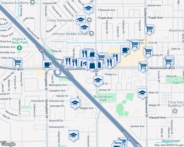 map of restaurants, bars, coffee shops, grocery stores, and more near 6480 Westminster Blvd in Westminster