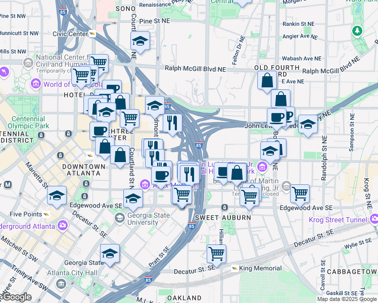 map of restaurants, bars, coffee shops, grocery stores, and more near Andrew Young International Blvd NE in Atlanta