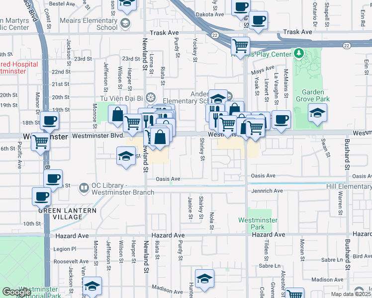 map of restaurants, bars, coffee shops, grocery stores, and more near 9211 Bolsa Avenue in Westminster