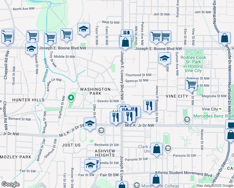 map of restaurants, bars, coffee shops, grocery stores, and more near 936 Mayson Turner Road Northwest in Atlanta