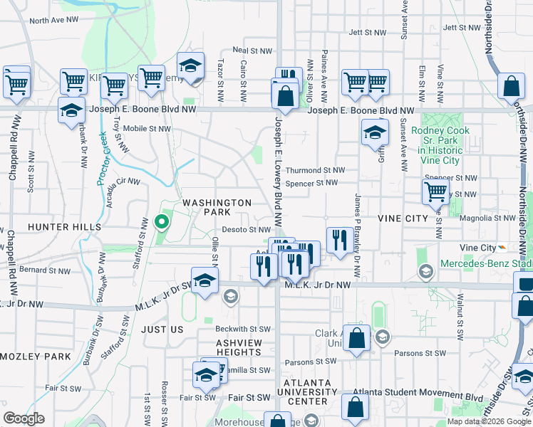 map of restaurants, bars, coffee shops, grocery stores, and more near 936 Mayson Turner Road Northwest in Atlanta
