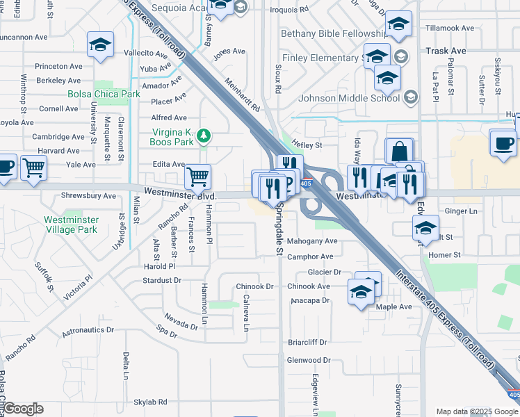 map of restaurants, bars, coffee shops, grocery stores, and more near 5905 Westminster Boulevard in Westminster