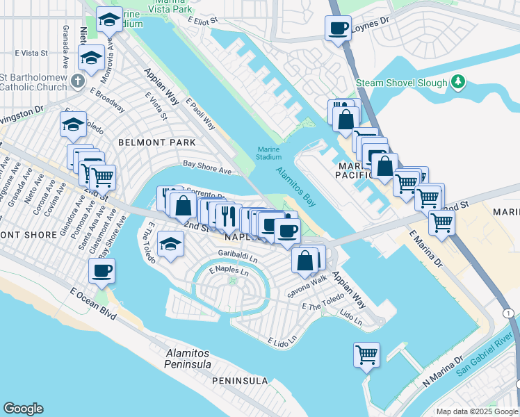 map of restaurants, bars, coffee shops, grocery stores, and more near 285 Ravenna Drive in Long Beach
