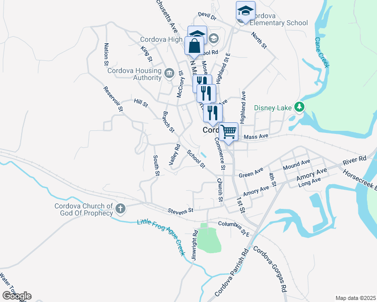 map of restaurants, bars, coffee shops, grocery stores, and more near School Street in Cordova
