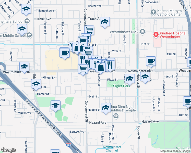 map of restaurants, bars, coffee shops, grocery stores, and more near 7122 Westminster Boulevard in Westminster