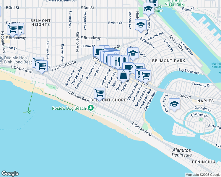 map of restaurants, bars, coffee shops, grocery stores, and more near 142 Granada Avenue in Long Beach