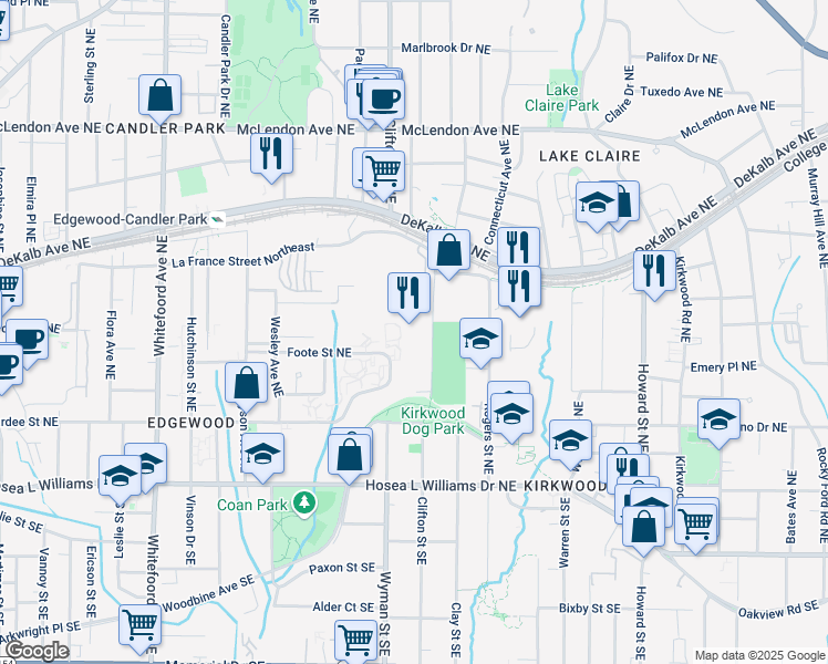 map of restaurants, bars, coffee shops, grocery stores, and more near 130 Arizona Avenue Northeast in Atlanta