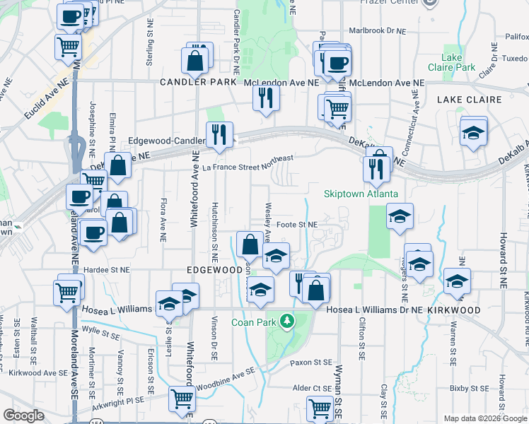 map of restaurants, bars, coffee shops, grocery stores, and more near 202 Wesley Avenue Northeast in Atlanta