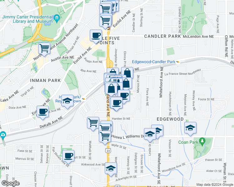 map of restaurants, bars, coffee shops, grocery stores, and more near 1250 Caroline Street Northeast in Atlanta