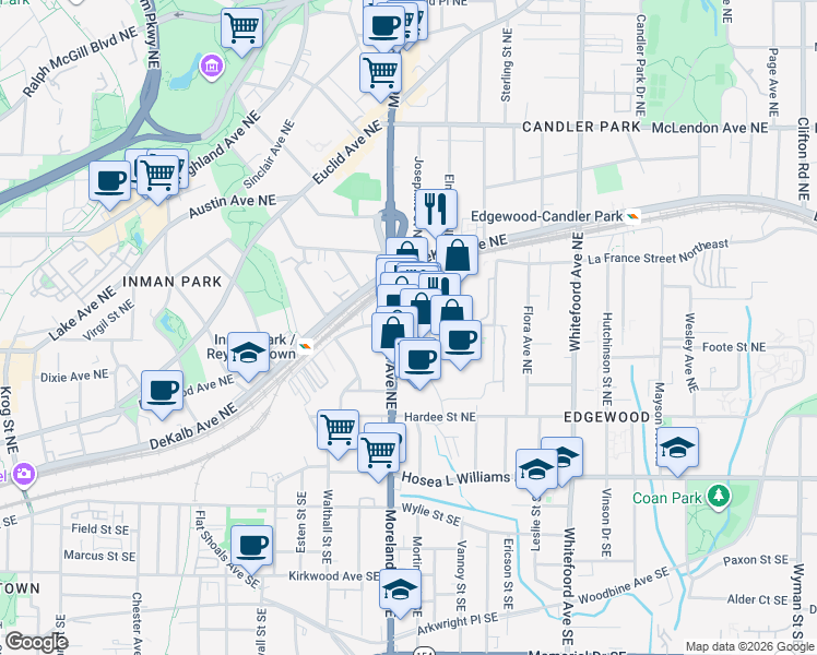 map of restaurants, bars, coffee shops, grocery stores, and more near 1250 Caroline Street Northeast in Atlanta