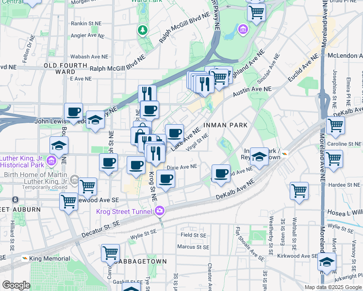 map of restaurants, bars, coffee shops, grocery stores, and more near 806 Lake Avenue Northeast in Atlanta