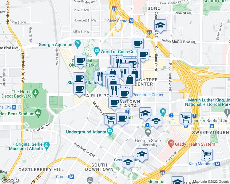 map of restaurants, bars, coffee shops, grocery stores, and more near 161 Ted Turner Drive Northwest in Atlanta