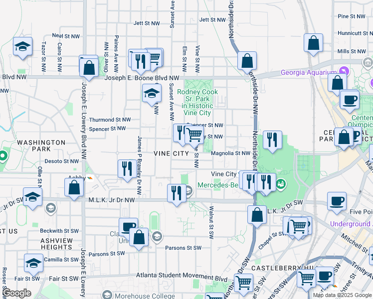 map of restaurants, bars, coffee shops, grocery stores, and more near 160 Vine Street Northwest in Atlanta
