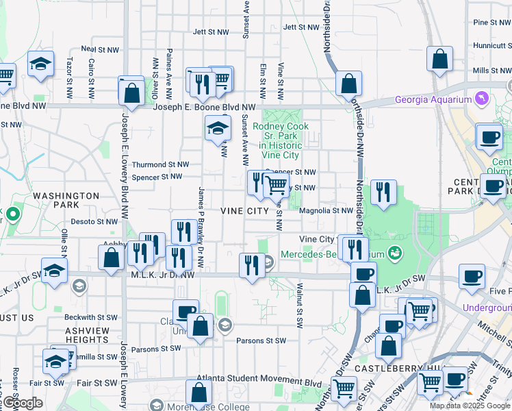 map of restaurants, bars, coffee shops, grocery stores, and more near 157 Sunset Avenue Northwest in Atlanta