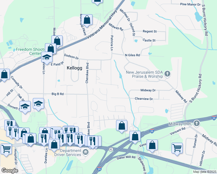 map of restaurants, bars, coffee shops, grocery stores, and more near 5404 Somer Mill Road in Douglasville