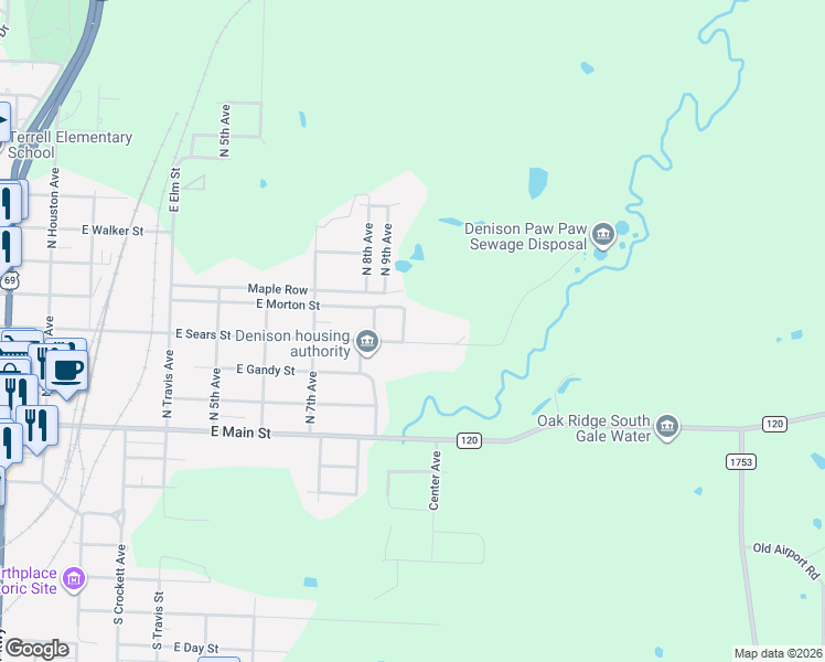 map of restaurants, bars, coffee shops, grocery stores, and more near 905 East Sears Street in Denison