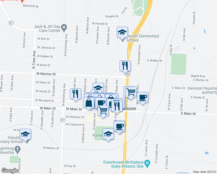 map of restaurants, bars, coffee shops, grocery stores, and more near 401 West Sears Street in Denison