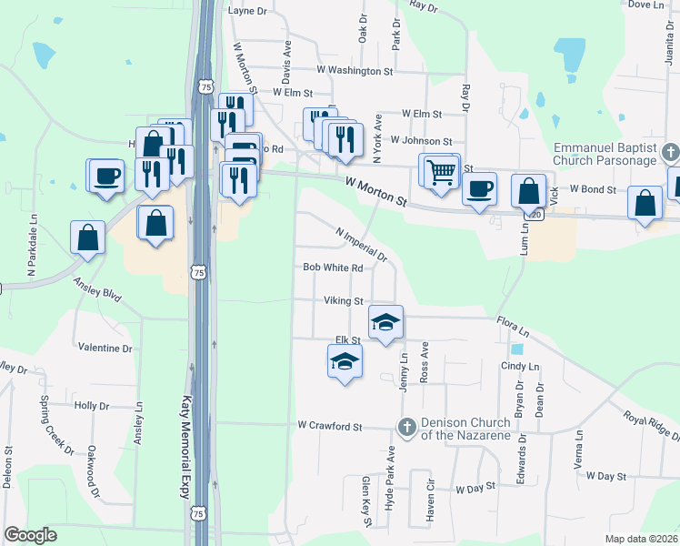 map of restaurants, bars, coffee shops, grocery stores, and more near 154 Chickadee Street in Denison