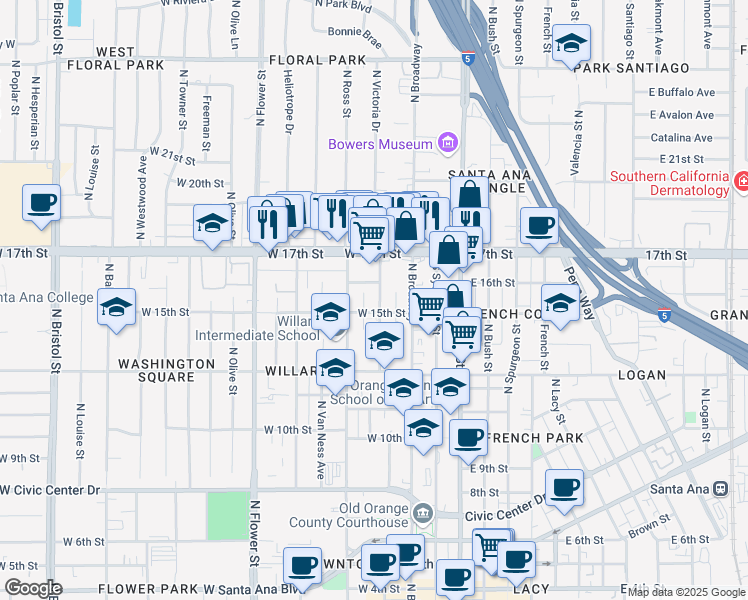 map of restaurants, bars, coffee shops, grocery stores, and more near 1510 North Durant Street in Santa Ana