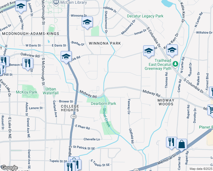 map of restaurants, bars, coffee shops, grocery stores, and more near 2502 Midway Road in Decatur