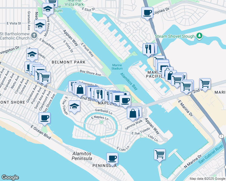 map of restaurants, bars, coffee shops, grocery stores, and more near 285 Ravenna Drive in Long Beach