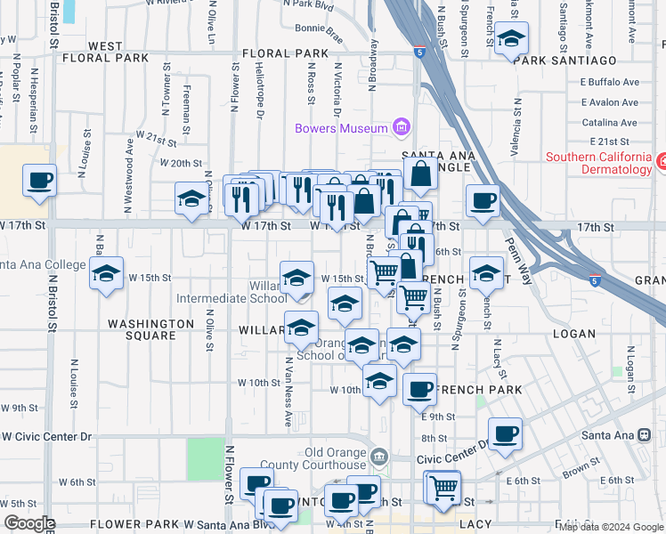 map of restaurants, bars, coffee shops, grocery stores, and more near 1510 North Durant Street in Santa Ana