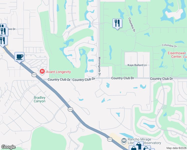 map of restaurants, bars, coffee shops, grocery stores, and more near 44 Fincher Way in Rancho Mirage