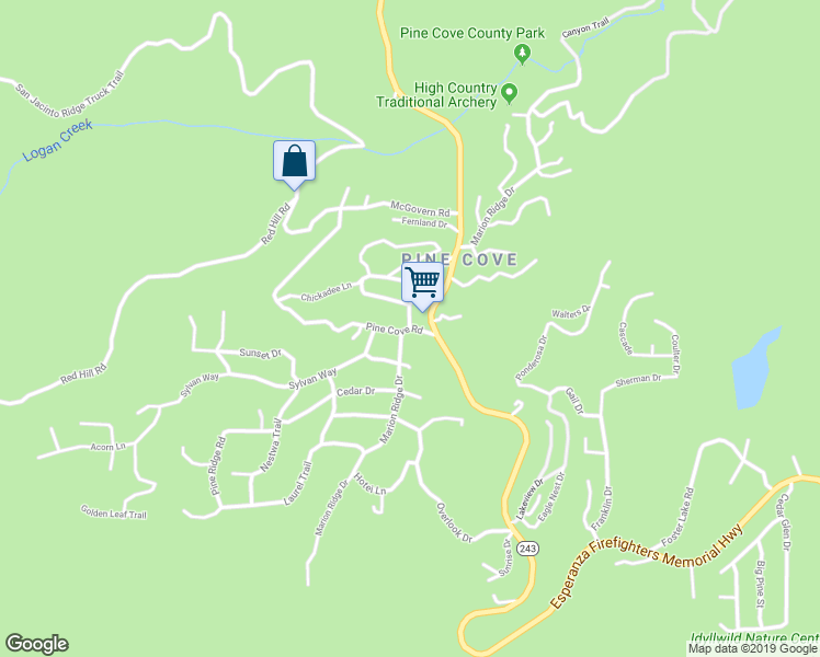 map of restaurants, bars, coffee shops, grocery stores, and more near Marion Ridge Drive & Pine Cove Road in Idyllwild-Pine Cove