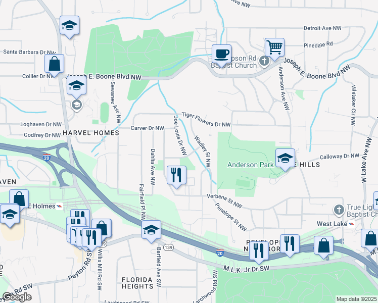 map of restaurants, bars, coffee shops, grocery stores, and more near 272 Wadley Street Northwest in Atlanta