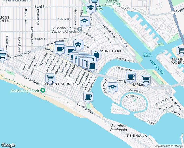 map of restaurants, bars, coffee shops, grocery stores, and more near 5353 2nd Street in Long Beach