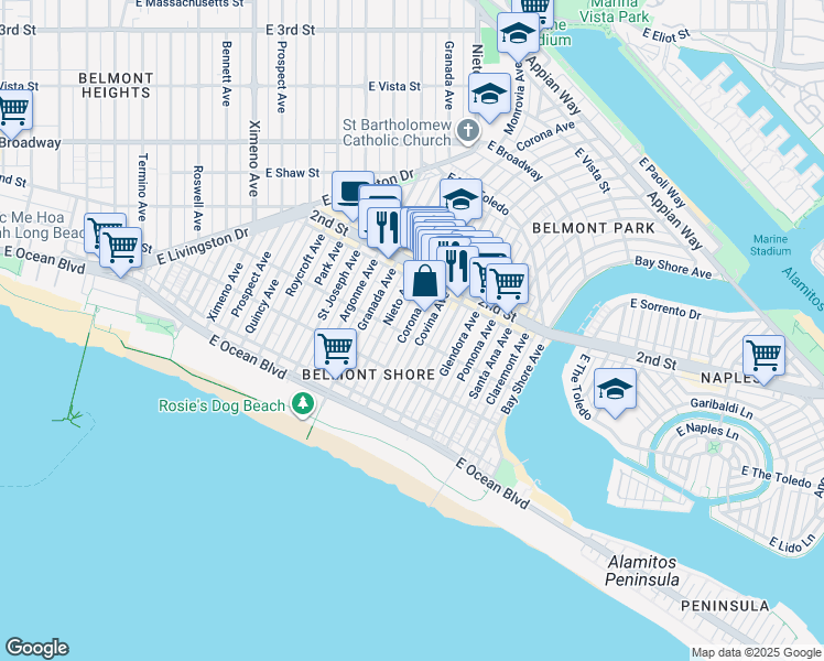 map of restaurants, bars, coffee shops, grocery stores, and more near 142 Corona Avenue in Long Beach