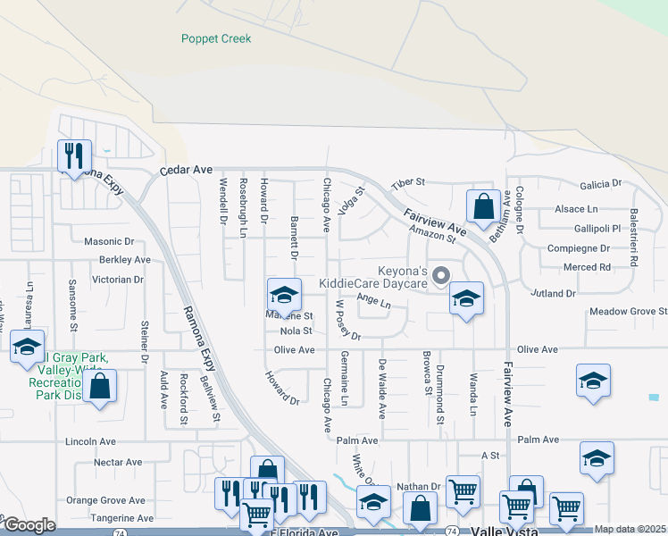 map of restaurants, bars, coffee shops, grocery stores, and more near 25029 West Posey Drive in Hemet