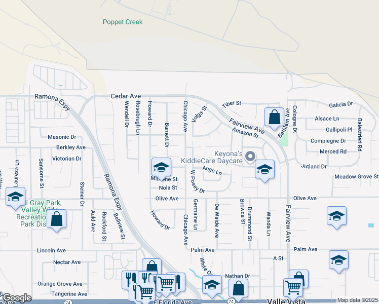 map of restaurants, bars, coffee shops, grocery stores, and more near 25029 West Posey Drive in Hemet
