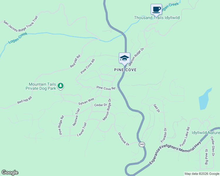 map of restaurants, bars, coffee shops, grocery stores, and more near 52823 Sugar Pine Drive in Idyllwild-Pine Cove