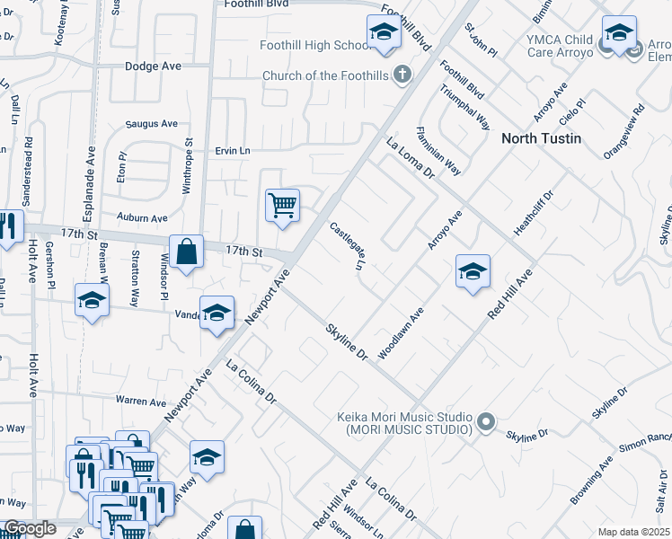 map of restaurants, bars, coffee shops, grocery stores, and more near 1111 Charwood Lane in Santa Ana