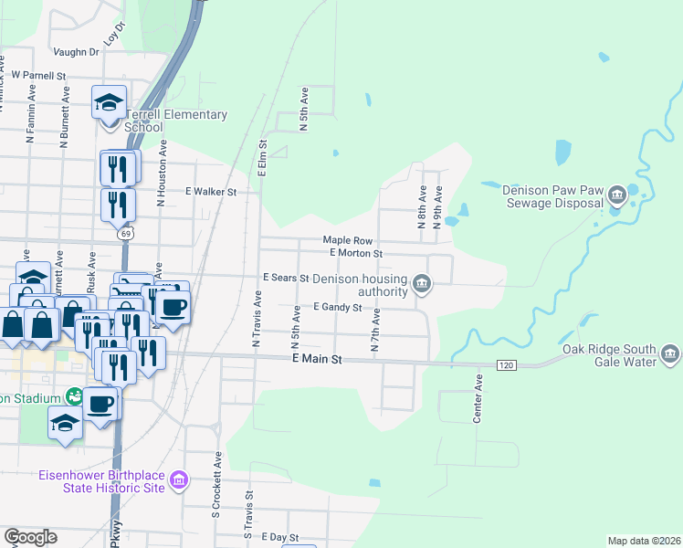 map of restaurants, bars, coffee shops, grocery stores, and more near 600 East Morton Street in Denison